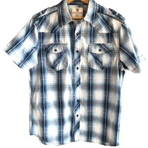 Route 66 Western Style Shirt, Snap Tab Pockets Decorative Stitching Blue Plaid M